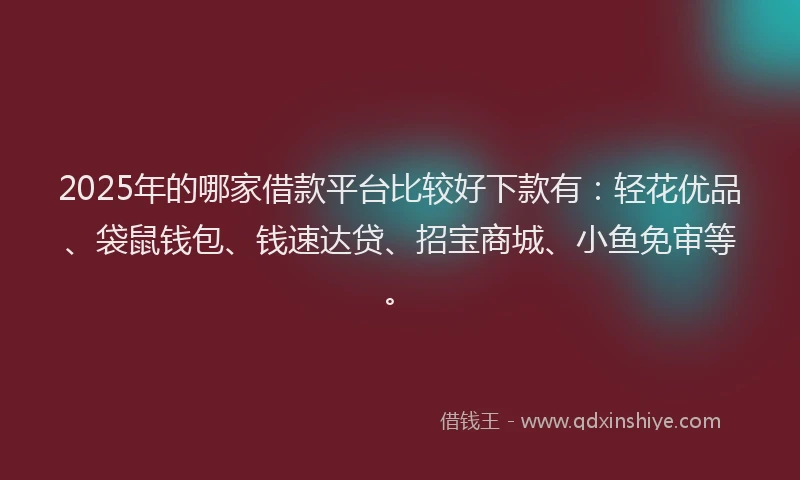 2025年的哪家借款平台比较好下款有：轻花优品、袋鼠钱包、钱速达贷、招宝商城、小鱼免审等。