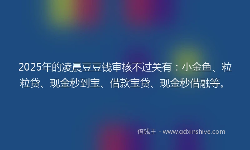 2025年的凌晨豆豆钱审核不过关有：小金鱼、粒粒贷、现金秒到宝、借款宝贷、现金秒借融等。