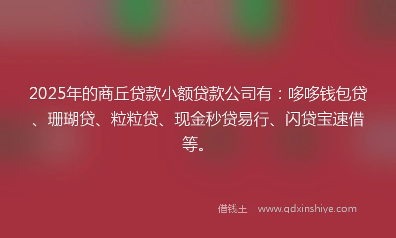 2025年的商丘贷款小额贷款公司有：哆哆钱包贷、珊瑚贷、粒粒贷、现金秒贷易行、闪贷宝速借等。