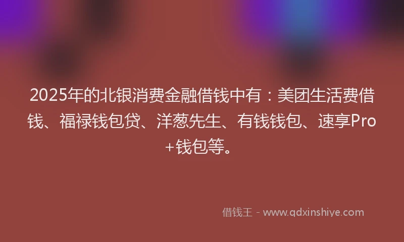 2025年的北银消费金融借钱中有：美团生活费借钱、福禄钱包贷、洋葱先生、有钱钱包、速享Pro+钱包等。
