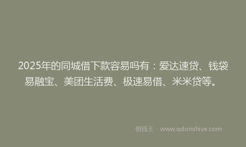 2025年的同城借下款容易吗有：爱达速贷、钱袋易融宝、美团生活费、极速易借、米米贷等。