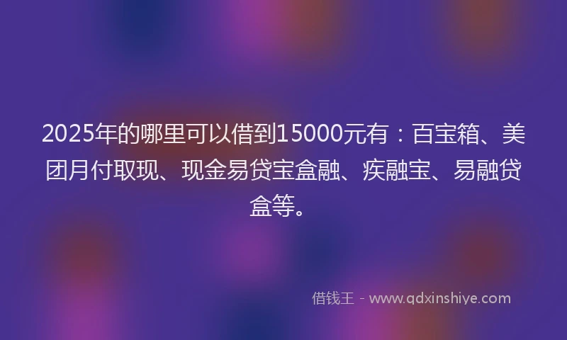 2025年的哪里可以借到15000元有：百宝箱、美团月付取现、现金易贷宝盒融、疾融宝、易融贷盒等。