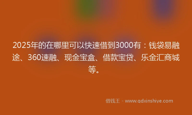 2025年的在哪里可以快速借到3000有：钱袋易融途、360速融、现金宝盒、借款宝贷、乐金汇商城等。