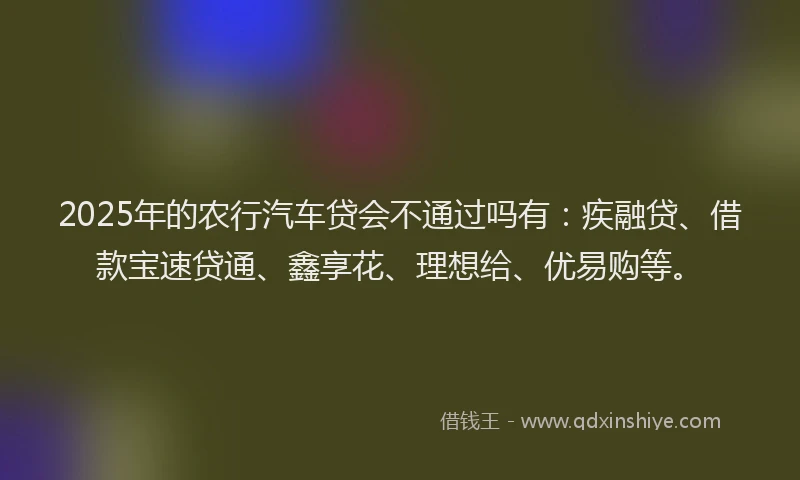 2025年的农行汽车贷会不通过吗有：疾融贷、借款宝速贷通、鑫享花、理想给、优易购等。
