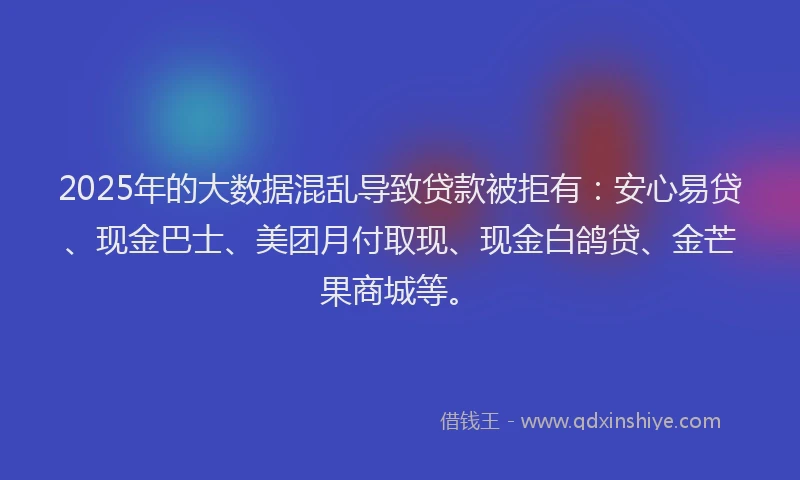 2025年的大数据混乱导致贷款被拒有：安心易贷、现金巴士、美团月付取现、现金白鸽贷、金芒果商城等。