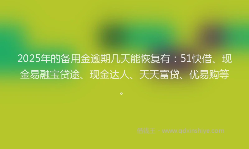 2025年的备用金逾期几天能恢复有：51快借、现金易融宝贷途、现金达人、天天富贷、优易购等。
