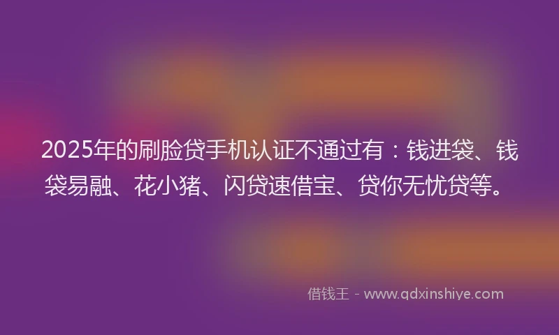 2025年的刷脸贷手机认证不通过有：钱进袋、钱袋易融、花小猪、闪贷速借宝、贷你无忧贷等。