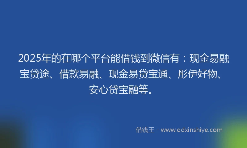 2025年的在哪个平台能借钱到微信有：现金易融宝贷途、借款易融、现金易贷宝通、彤伊好物、安心贷宝融等。