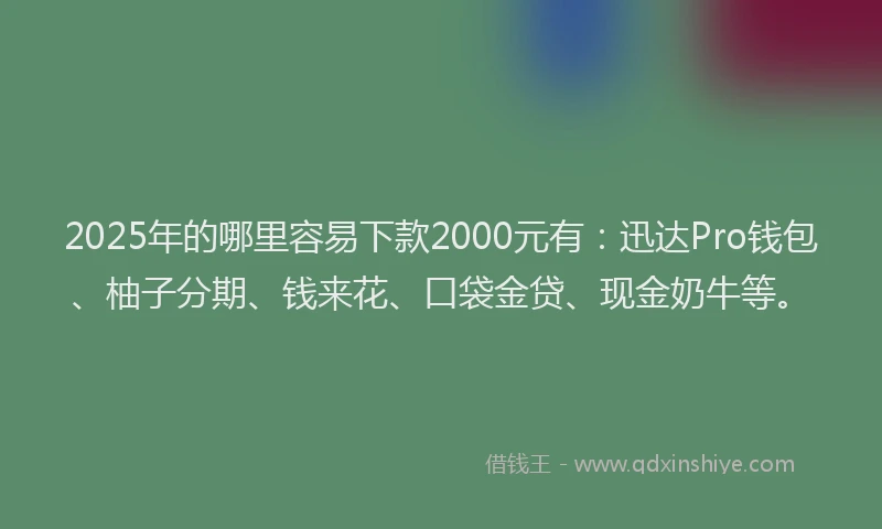 2025年的哪里容易下款2000元有：迅达Pro钱包、柚子分期、钱来花、口袋金贷、现金奶牛等。