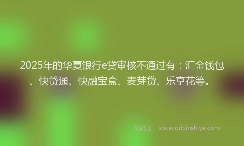 2025年的华夏银行e贷审核不通过有：汇金钱包、快贷通、快融宝盒、麦芽贷、乐享花等。