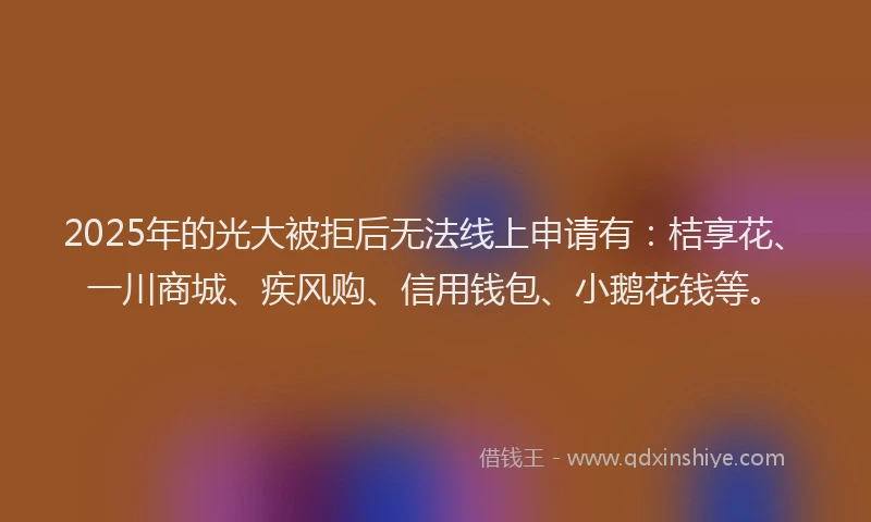2025年的光大被拒后无法线上申请有：桔享花、一川商城、疾风购、信用钱包、小鹅花钱等。