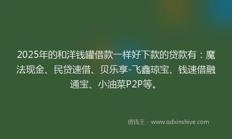 2025年的和洋钱罐借款一样好下款的贷款有：魔法现金、民贷速借、贝乐享-飞鑫琼宝、钱速借融通宝、小油菜P2P等。