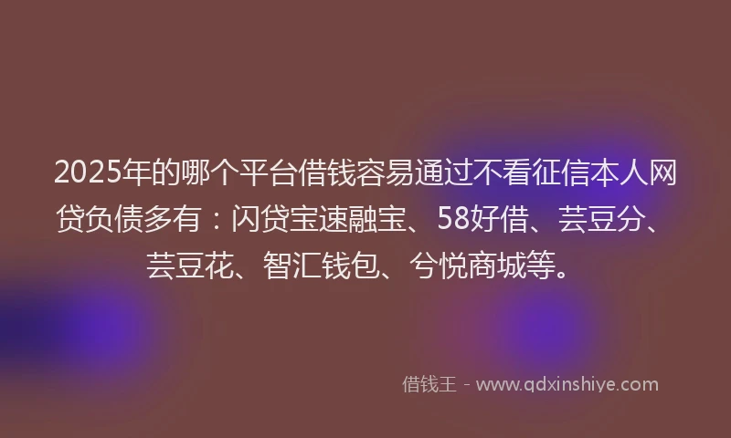 2025年的哪个平台借钱容易通过不看征信本人网贷负债多有：闪贷宝速融宝、58好借、芸豆分、芸豆花、智汇钱包、兮悦商城等。