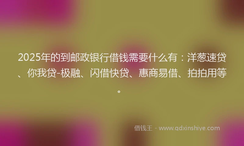 2025年的到邮政银行借钱需要什么有：洋葱速贷、你我贷-极融、闪借快贷、惠商易借、拍拍用等。