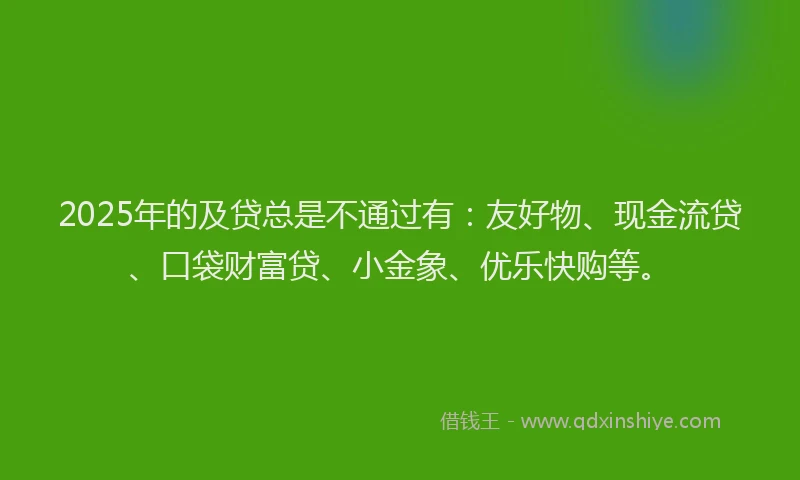 2025年的及贷总是不通过有：友好物、现金流贷、口袋财富贷、小金象、优乐快购等。