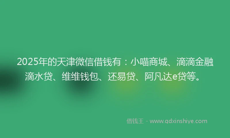 2025年的天津微信借钱有：小喵商城、滴滴金融滴水贷、维维钱包、还易贷、阿凡达e贷等。