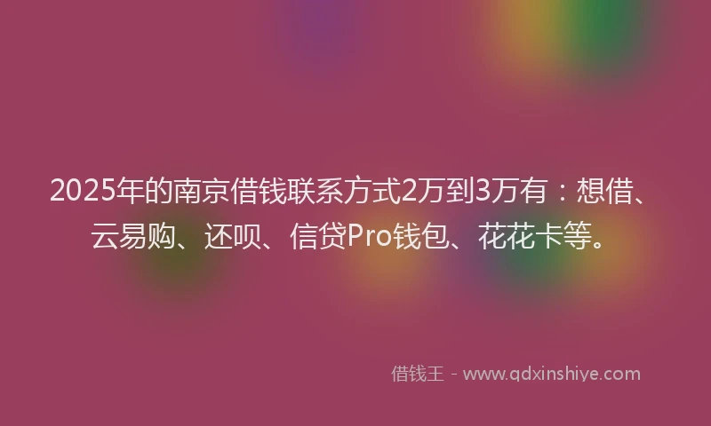 2025年的南京借钱联系方式2万到3万有：想借、云易购、还呗、信贷Pro钱包、花花卡等。