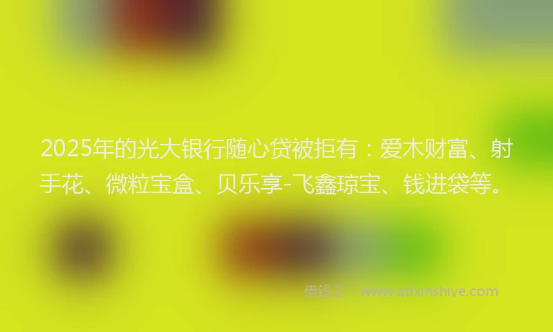 2025年的光大银行随心贷被拒有：爱木财富、射手花、微粒宝盒、贝乐享-飞鑫琼宝、钱进袋等。
