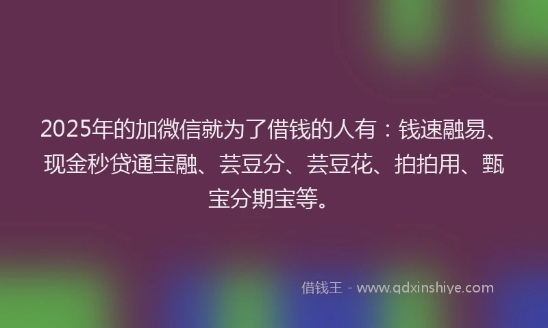 2025年的加微信就为了借钱的人有：钱速融易、现金秒贷通宝融、芸豆分、芸豆花、拍拍用、甄宝分期宝等。