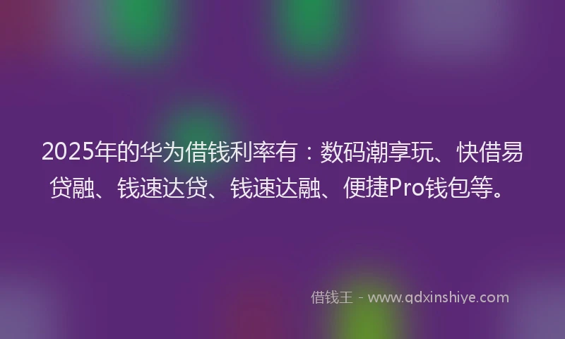 2025年的华为借钱利率有：数码潮享玩、快借易贷融、钱速达贷、钱速达融、便捷Pro钱包等。