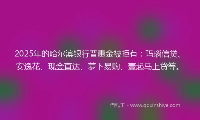 2025年的哈尔滨银行普惠金被拒有：玛瑙信贷、安逸花、现金直达、萝卜易购、壹起马上贷等。