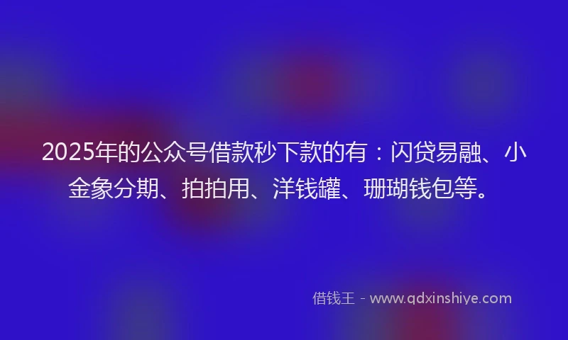 2025年的公众号借款秒下款的有：闪贷易融、小金象分期、拍拍用、洋钱罐、珊瑚钱包等。