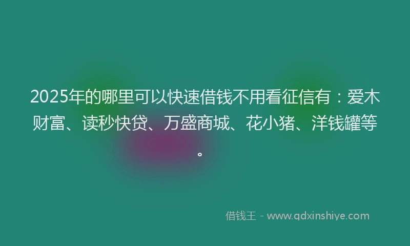 2025年的哪里可以快速借钱不用看征信有：爱木财富、读秒快贷、万盛商城、花小猪、洋钱罐等。