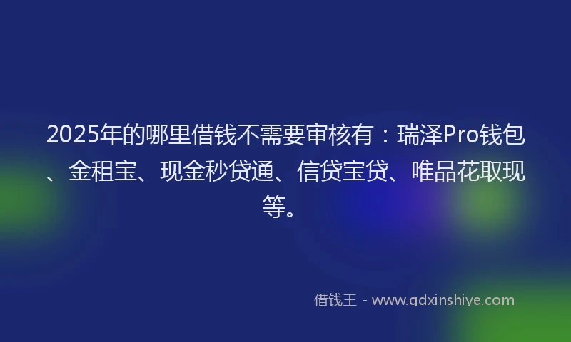 2025年的哪里借钱不需要审核有：瑞泽Pro钱包、金租宝、现金秒贷通、信贷宝贷、唯品花取现等。
