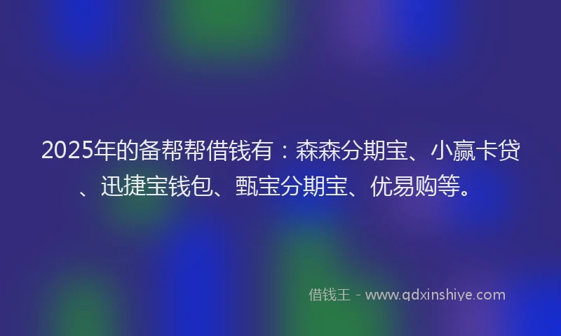 2025年的备帮帮借钱有：森森分期宝、小赢卡贷、迅捷宝钱包、甄宝分期宝、优易购等。