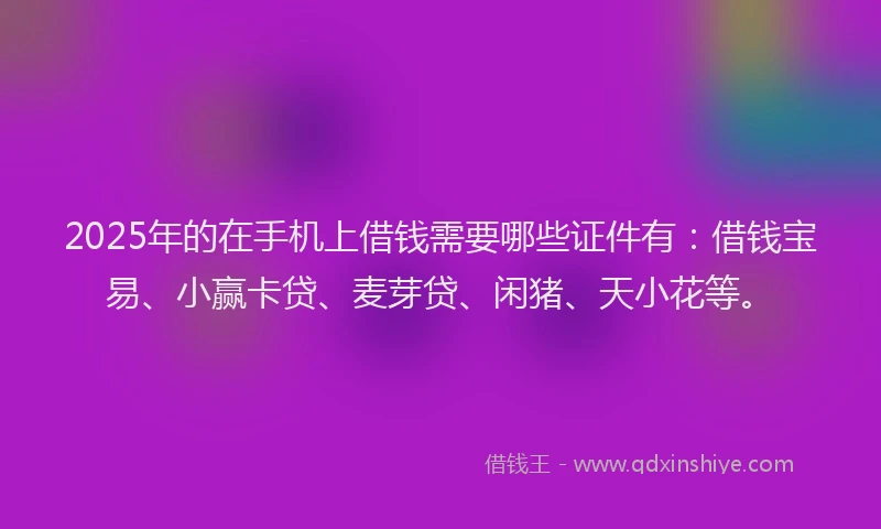 2025年的在手机上借钱需要哪些证件有：借钱宝易、小赢卡贷、麦芽贷、闲猪、天小花等。