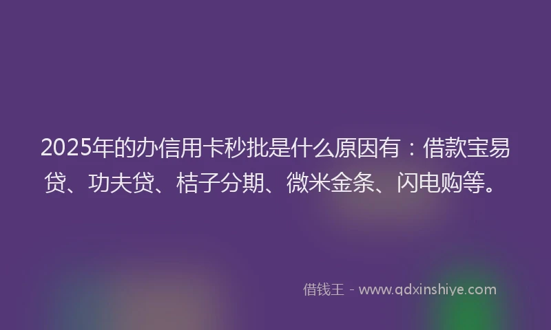 2025年的办信用卡秒批是什么原因有：借款宝易贷、功夫贷、桔子分期、微米金条、闪电购等。