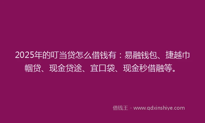 2025年的叮当贷怎么借钱有：易融钱包、捷越巾帼贷、现金贷途、宜口袋、现金秒借融等。