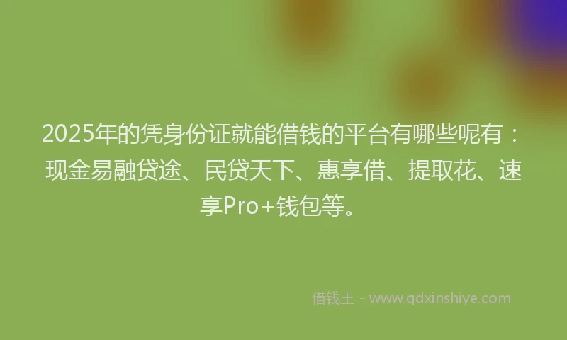2025年的凭身份证就能借钱的平台有哪些呢有：现金易融贷途、民贷天下、惠享借、提取花、速享Pro+钱包等。