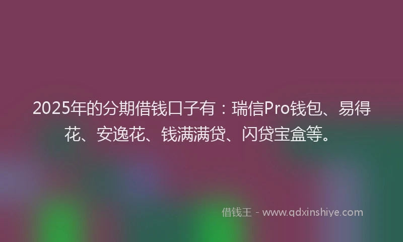 2025年的分期借钱口子有：瑞信Pro钱包、易得花、安逸花、钱满满贷、闪贷宝盒等。