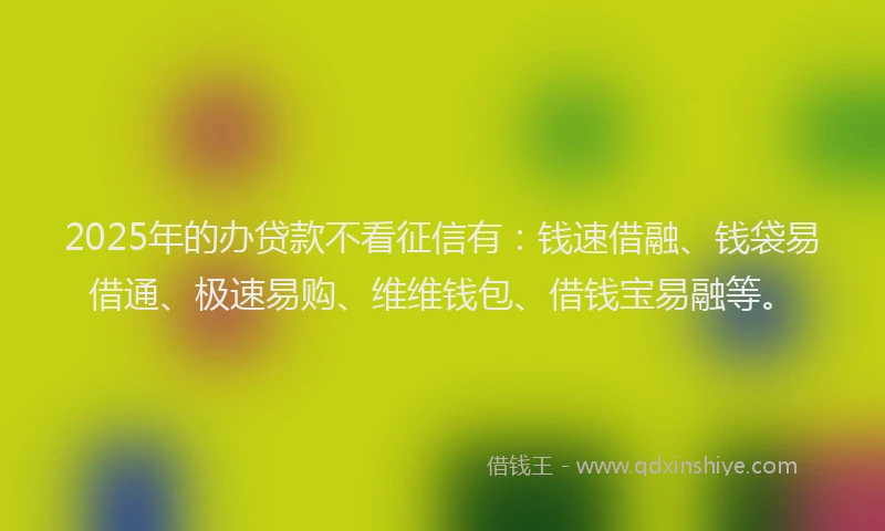 2025年的办贷款不看征信有：钱速借融、钱袋易借通、极速易购、维维钱包、借钱宝易融等。