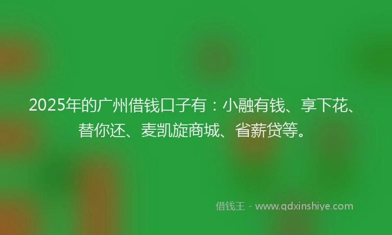 2025年的广州借钱口子有：小融有钱、享下花、替你还、麦凯旋商城、省薪贷等。
