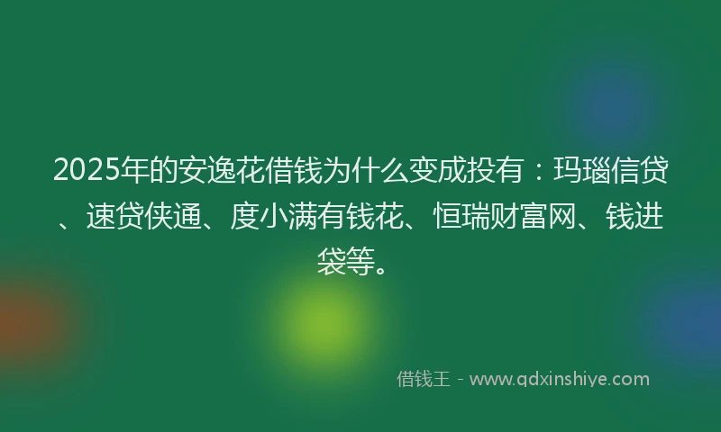 2025年的安逸花借钱为什么变成投有：玛瑙信贷、速贷侠通、度小满有钱花、恒瑞财富网、钱进袋等。
