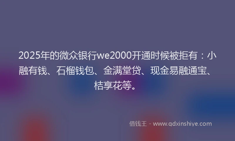 2025年的微众银行we2000开通时候被拒有：小融有钱、石榴钱包、金满堂贷、现金易融通宝、桔享花等。