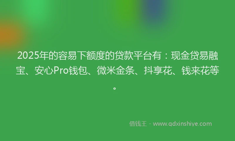 2025年的容易下额度的贷款平台有：现金贷易融宝、安心Pro钱包、微米金条、抖享花、钱来花等。