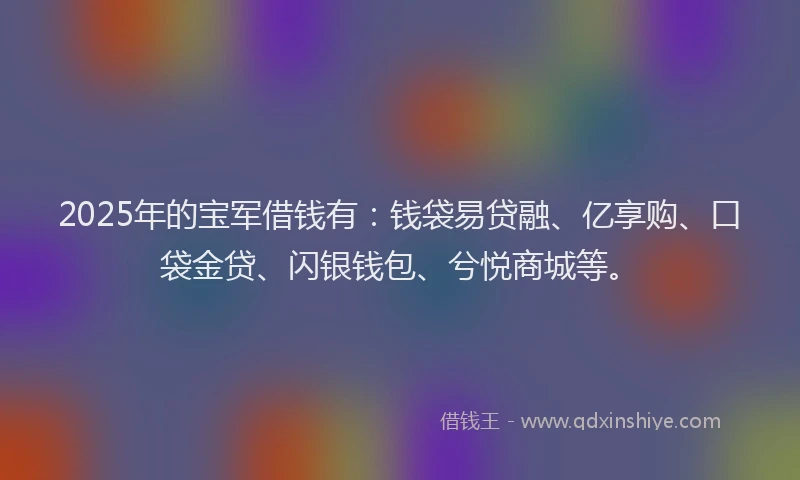 2025年的宝军借钱有：钱袋易贷融、亿享购、口袋金贷、闪银钱包、兮悦商城等。