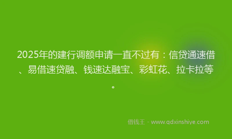 2025年的建行调额申请一直不过有：信贷通速借、易借速贷融、钱速达融宝、彩虹花、拉卡拉等。