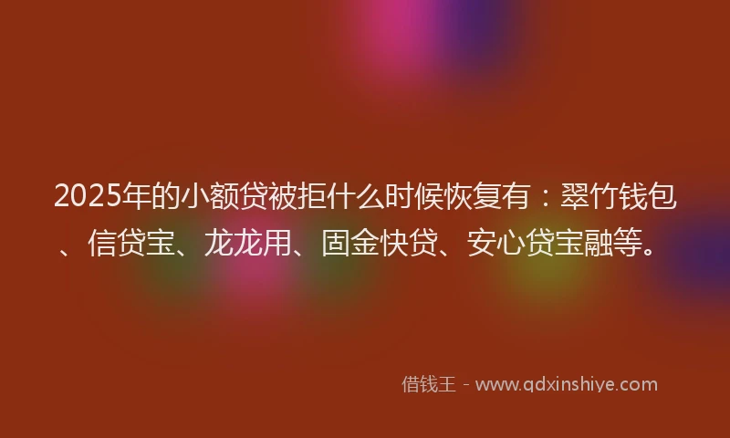 2025年的小额贷被拒什么时候恢复有：翠竹钱包、信贷宝、龙龙用、固金快贷、安心贷宝融等。