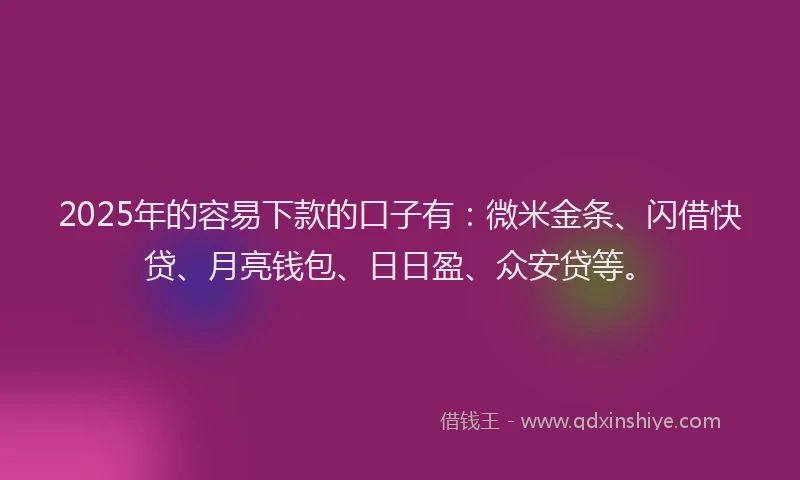 2025年的容易下款的口子有：微米金条、闪借快贷、月亮钱包、日日盈、众安贷等。