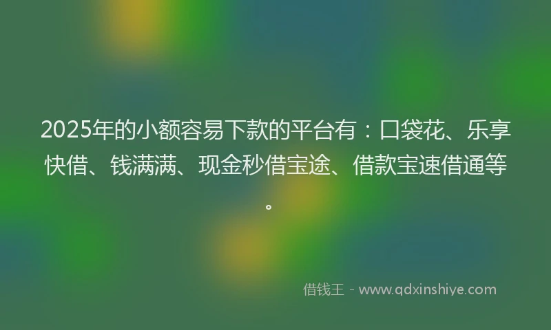2025年的小额容易下款的平台有：口袋花、乐享快借、钱满满、现金秒借宝途、借款宝速借通等。