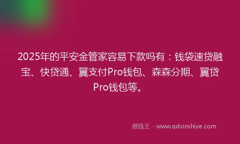 2025年的平安金管家容易下款吗有：钱袋速贷融宝、快贷通、翼支付Pro钱包、森森分期、翼贷Pro钱包等。