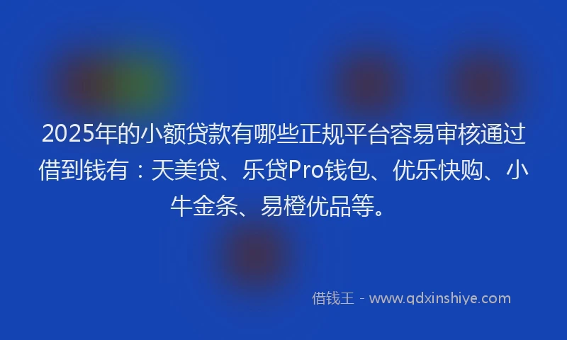 2025年的小额贷款有哪些正规平台容易审核通过借到钱有：天美贷、乐贷Pro钱包、优乐快购、小牛金条、易橙优品等。