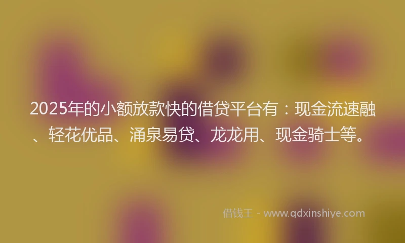 2025年的小额放款快的借贷平台有：现金流速融、轻花优品、涌泉易贷、龙龙用、现金骑士等。