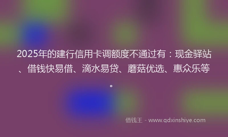 2025年的建行信用卡调额度不通过有：现金驿站、借钱快易借、滴水易贷、蘑菇优选、惠众乐等。