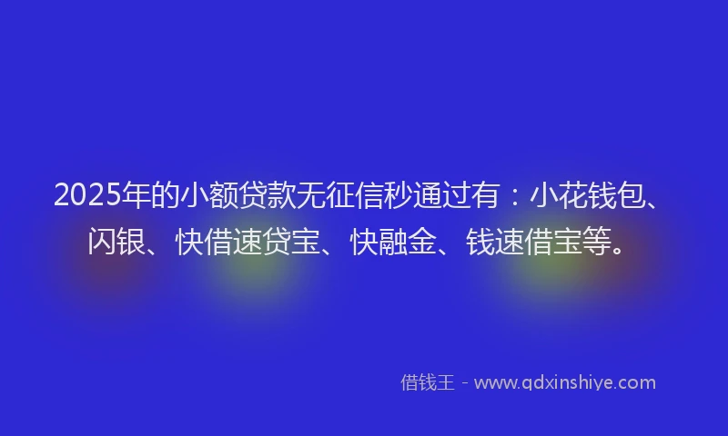 2025年的小额贷款无征信秒通过有：小花钱包、闪银、快借速贷宝、快融金、钱速借宝等。