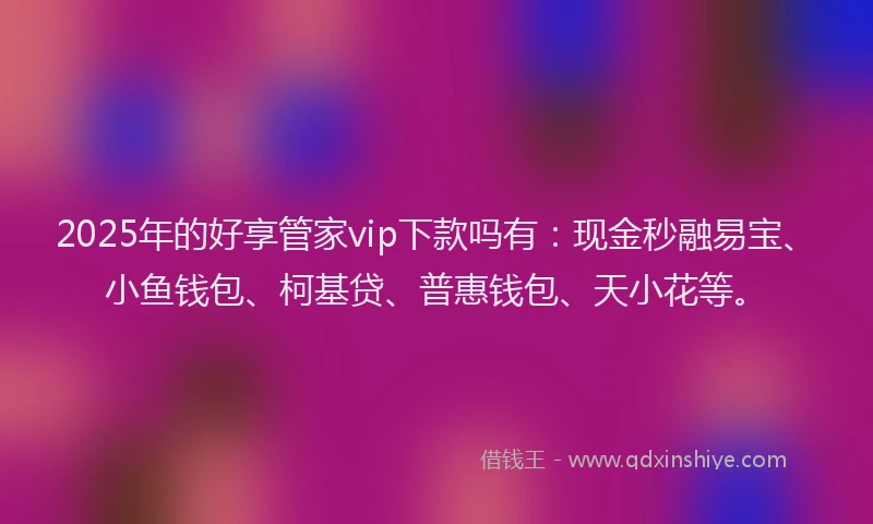 2025年的好享管家vip下款吗有：现金秒融易宝、小鱼钱包、柯基贷、普惠钱包、天小花等。